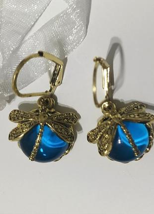 Трендові сережки із бабкою синій камінь / вінтажний бохо стиль3 фото