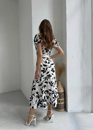 Платье женское длинное миди с листочками 42-52 белое, черное, синее7 фото