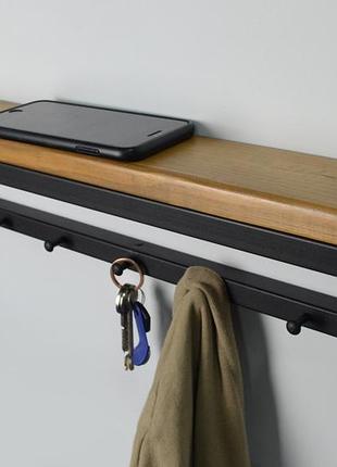 Металева вішалка для одягу дерев'яна полиця в передпокій 60x8x12 см - 6 гачків cr.mw-2.3