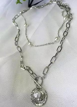 Чокер серебро на шею жемчуг цепь широкая украшение2 фото