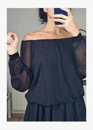 Шовкова чорна блуза ошатна з відкритими плечима блузка оверсайз з об'ємними рукавами чорна блузка жіноча з натурального шовку