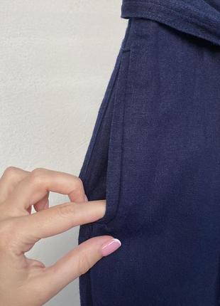 Льняные синие брюки с высокой талией h&m штаны из льна джоггеры6 фото