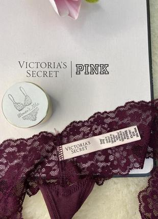 Трусики victoria's secret xs  l xl стрінги хб з мереживним поясом бордові вікторія сикрет3 фото