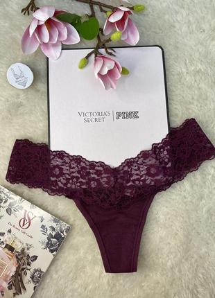 Трусики victoria's secret xs s  l xl стринги хб с кружевным поясом бордовые  виктория сикрет