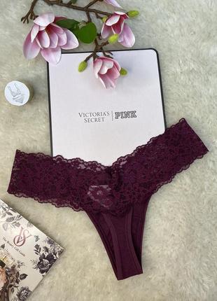 Трусики victoria's secret xs  l xl стрінги хб з мереживним поясом бордові вікторія сикрет2 фото