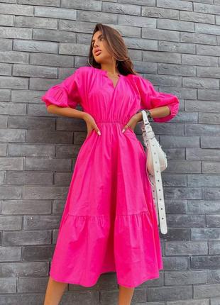 Фото реал жіноча довга яскрава малинова сукня міді сарафан малиновий бавовна7 фото