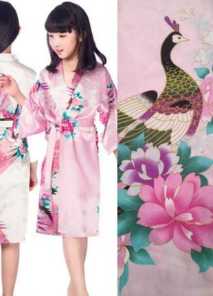 Подростковый халат кимоно детский с принтом цветы павлины / халатик розовый атласный на девочку