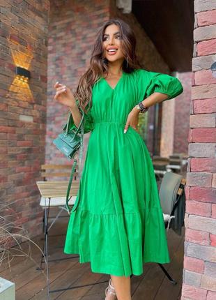 Фото реал женское длинное зеленое платье миди сарафан зеленый хлопок1 фото