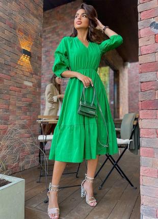 Фото реал женское длинное зеленое платье миди сарафан зеленый хлопок5 фото