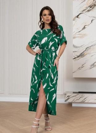 Зеленое принтованное платье с разрезом, стиль: повседневный, материал: софт, размер: 3xl
