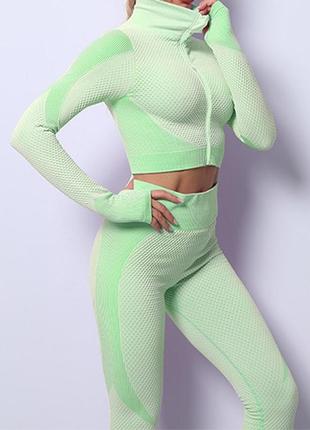 Фітнес костюм спортивний комплект трійка для йоги топ бра лосини 3-в-1 фитнес м'ятний зелений size l (факт.m)1 фото