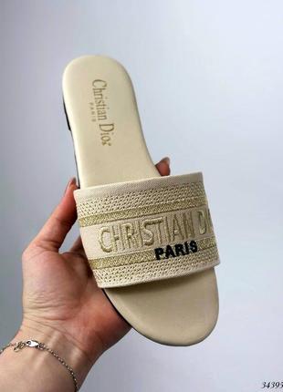 ▪️сланцы в стиле christian dior кристиан диор женские новые босоножки низкий ход танкетка шлепки шлепанцы сабо мюли слайдеры бежевые лого