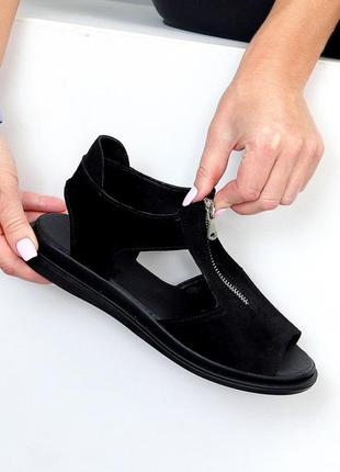 Черные натуральные замш босоножки сандалии с замком 36-407 фото