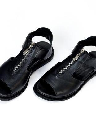 Чорні натуральні шкіряні босоніжки сандалі з замком 36-406 фото