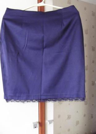 Стильная классическая шикарная юбка из стрейч-атласа цвет темно-синий бренд oggi