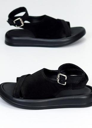 Черные натуральные замш босоножки сандалии с ремешками 36-403 фото
