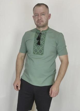 Чоловіча футболка вишиванка хакі зелена вишивка 46 - 604 фото
