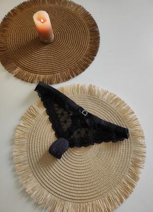 Чорні трусики стрінги гарні жіночі трусики стрінги у смужку з кружевом2 фото