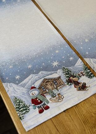 Дорожка на стол новогодняя, 45x140 см., гобелен с серебряным люрексом