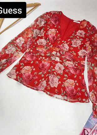 Блуза жіноча червона шифонова в квітковий принт від бренду guess xs s