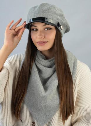 Женский комплект с шерстью кролика берет+косынка, иви, серый