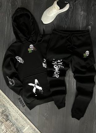 Утепленный худи + спортивные черные штаны, теплый спортивный костюм премиум качества
