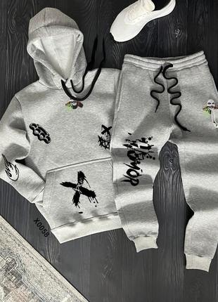 Утепленный худи + спортивные черные штаны, теплый спортивный костюм премиум качества