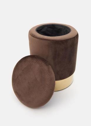 Бархатный велюровый пуф органайзер шоколадный с золотистой металлической основой...