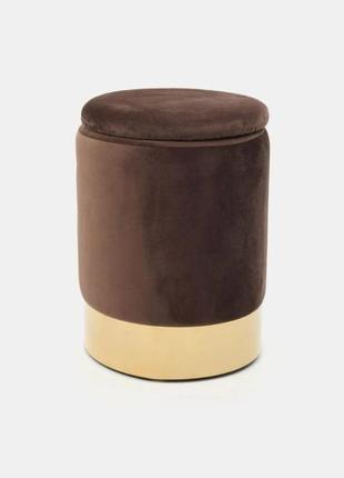 Бархатный велюровый пуф органайзер шоколадный с золотистой металлической основой...