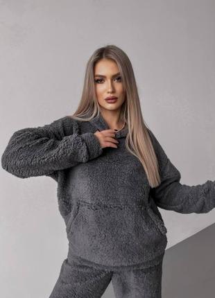 Теплый женский костюм "тедди" графитового цвета, черный, молочный, беж, шоколад, черный