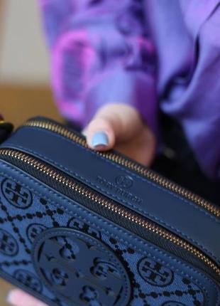 Мини сумка женская tory burch miller t monogram mini blue