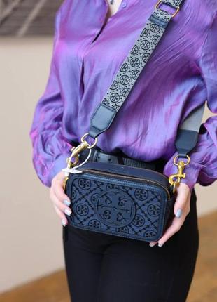 Мини сумка женская tory burch miller t monogram mini blue