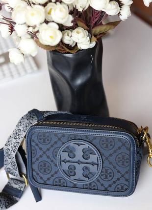 Мини сумка женская tory burch miller t monogram mini blue