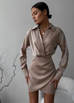 Бездоганна шовкова сукня - сорочка міні приталена з довгими рукавами нарядна святкова