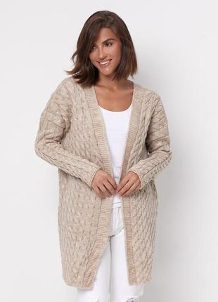 Кардиган женский вязанный шерстяной, с узором косами, капучино