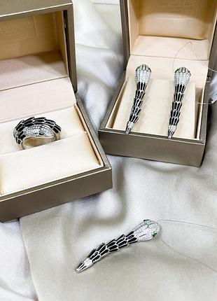 Серебряный набор кольцо серьги кулон булгари bulgari массивная крупная змея змейка с камнями стильное тренд серебро проба 925 новое с биркой