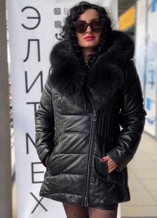 Пуховик/дублянка натуральна шкіра-комір/капюшон песець/ новий з біркою/ туреччина / 48/50р або л/хл