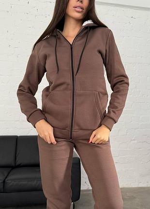 Дуже теплий костюм з хутром жіночий комплект кофта толстовка на блискавці і штани на флісі зимовий