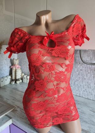 Короткий эротический прозрачный кружевной гипюровый ажурный красный пеньюар майка с рукавами фонариками в розы s xs xxs