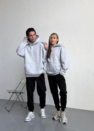 Оверсайз спортивный костюм с начесом over унисекс худи серый меланж черные штаны❄️