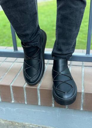 Мужские кожаные зимние угги премиум качества, черные ботинки без шнурков