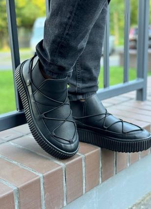 Мужские кожаные зимние угги премиум качества, черные ботинки без шнурков