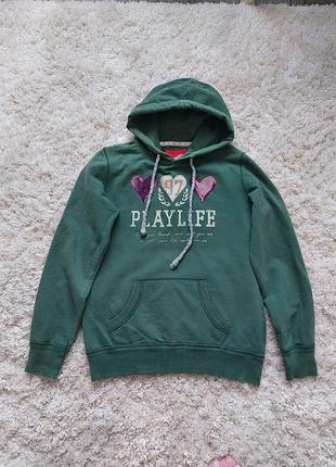 Худи playlife (талия) s,m. 100% хлопок, свитшот с капюшоном, кофта толстовка с карманами- кенгуру.