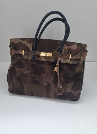 Сумка birkin, замшева сумка, сумка хакі, коричнева замшева сумка, сумка італія