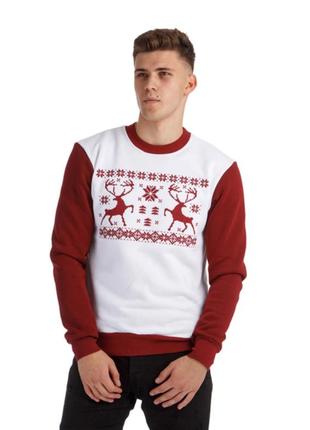 Шикарний різдвяний світшот білого кольору з вишитими оленями на флісі укрламур