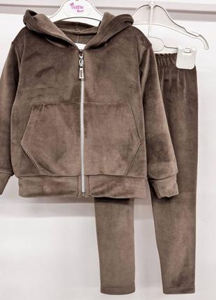 Теплый велюровый костюм для девочек 🤎 кофта на молнии + лосины🤎 велюр хутро 🤎цена зависит от размера 🤎 размеры 98-152