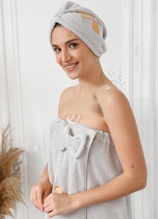 Набор подарочное полотенце халат женский + шапочка аппликации сердечки