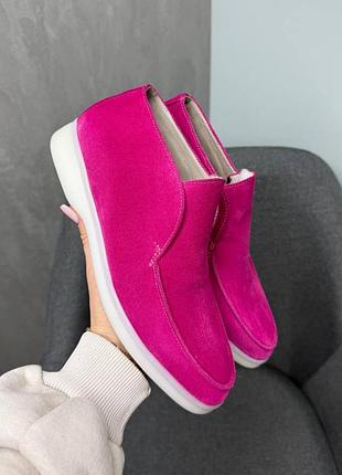 Высокие лоферы из натуральной итальянской кожи и замши женские розовые фуксия