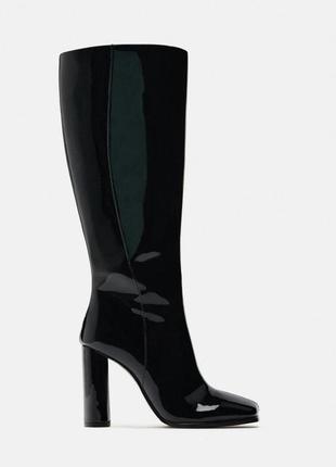 Лаковые сапожки zara, сапоги на каблуке