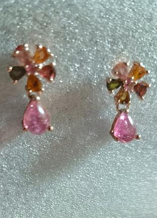 Серьги с цветными турмалинами 925 серебро